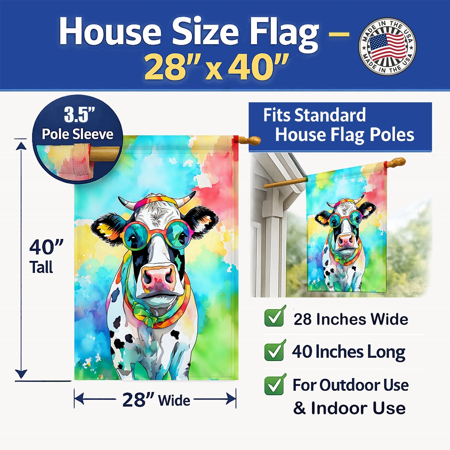 Hippie Animal Cow House Flag 28x40 Porch Sleeve Pole Decorative Outside Yard Banner Artwork Wall Hanging, Polyester