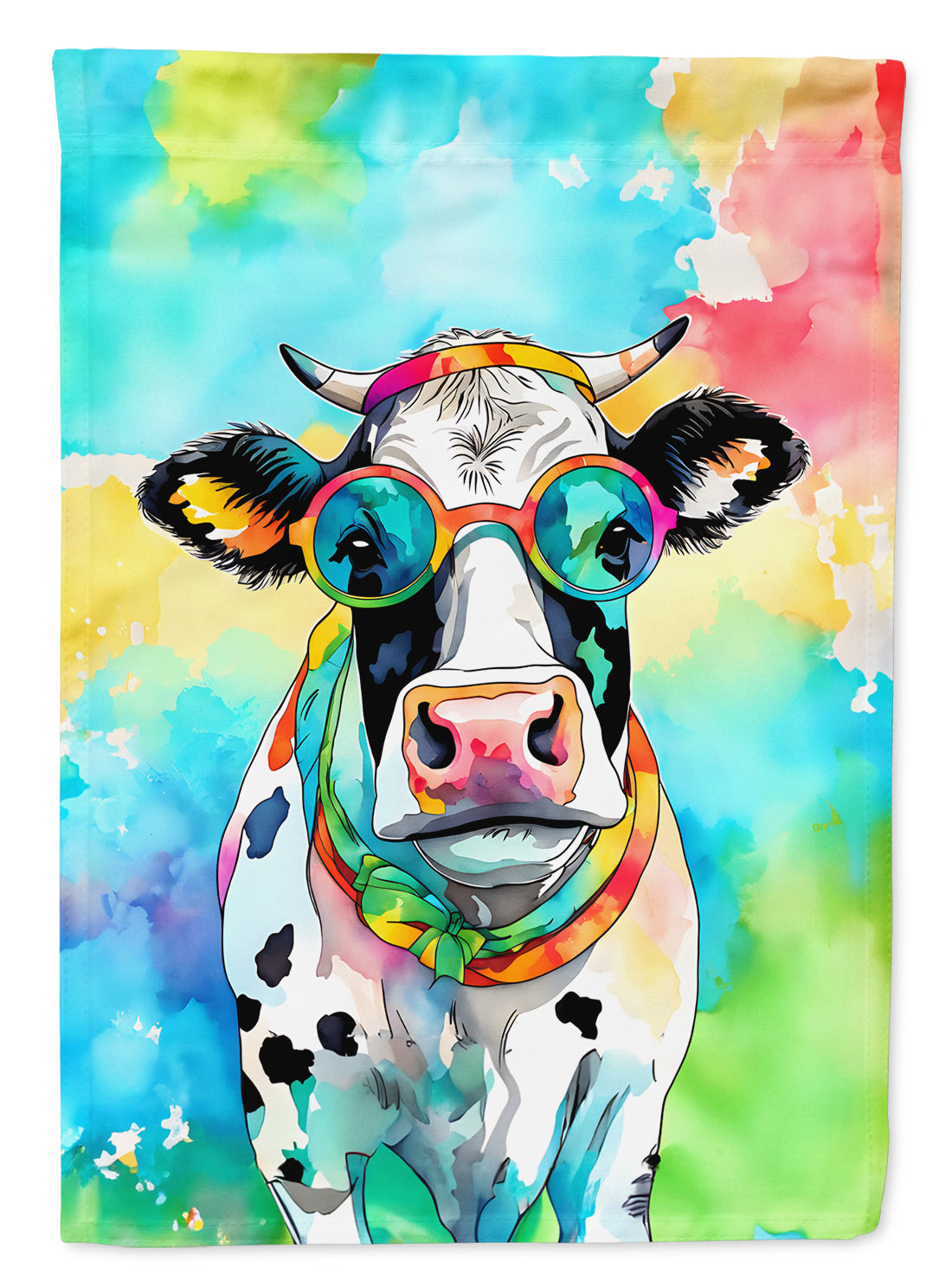 Hippie Animal Cow House Flag 28x40 Porch Sleeve Pole Decorative Outside Yard Banner Artwork Wall Hanging, Polyester