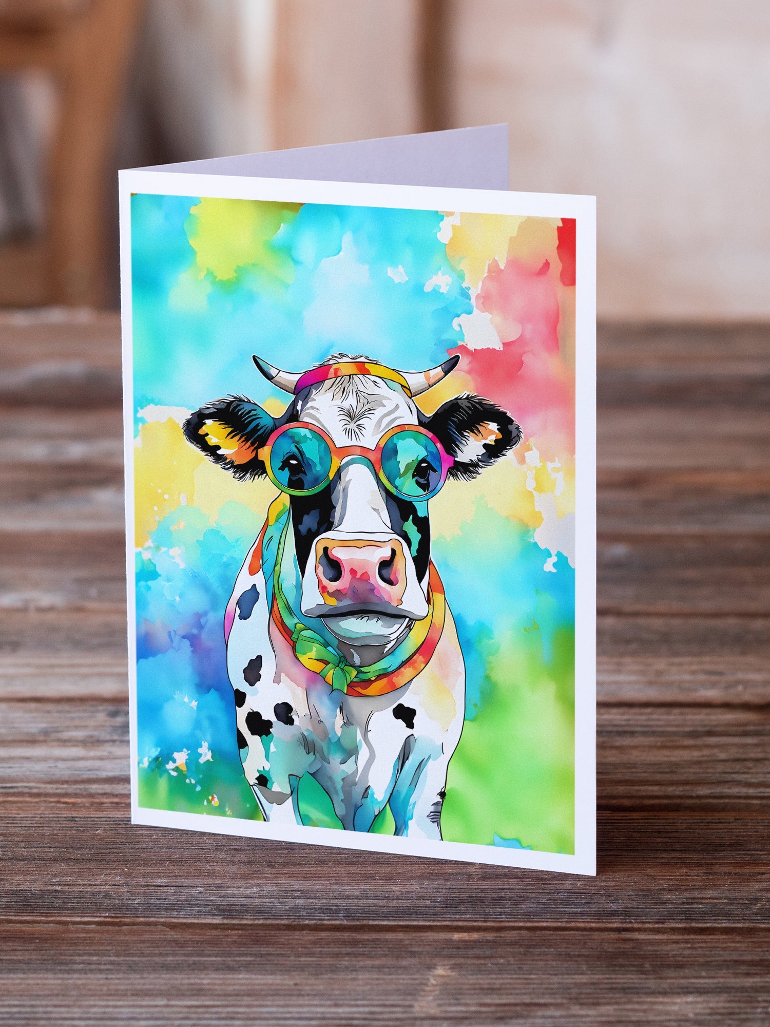 Hippie Animal Cow Greeting Cards Pack of 8 Blank Cards with Envelopes Whimsical A7 Size 5x7