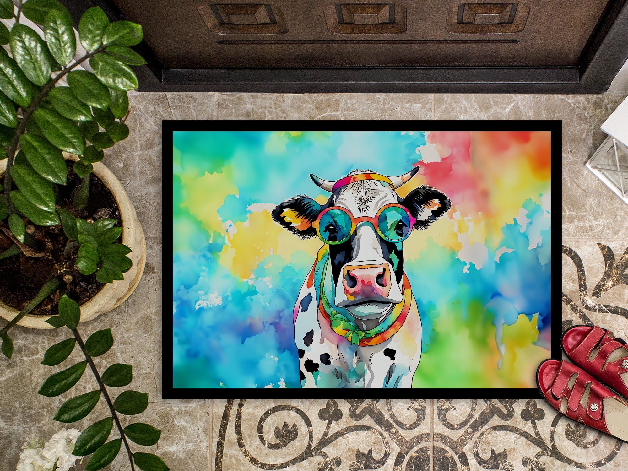 Hippie Animal Cow Doormat Indoor Outdoor 24H X 36W Front Door Mat Rugs for Entryway, Non Slip Washable Low Pile,