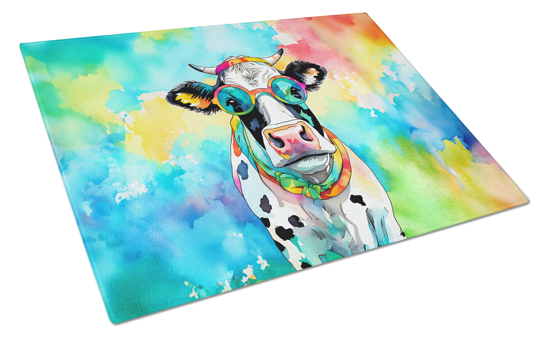 Hippie Animal Cow Cutting Board Tempered Glass Kitchen Cutting Surface, Heat Resistant Chopping, Non-Slip Feet, Food Prep & Serving