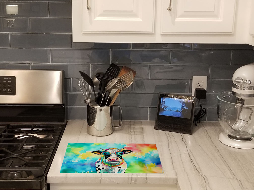 Hippie Animal Cow Cutting Board Tempered Glass Kitchen Cutting Surface, Heat Resistant Chopping, Non-Slip Feet, Food Prep & Serving