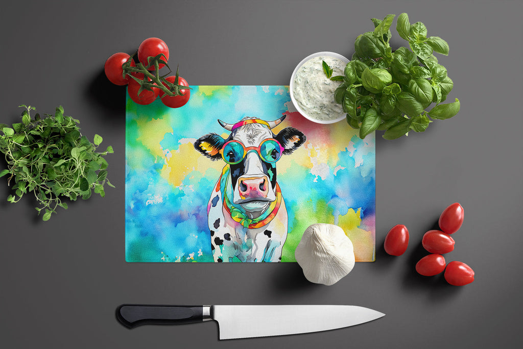 Hippie Animal Cow Cutting Board Tempered Glass Kitchen Cutting Surface, Heat Resistant Chopping, Non-Slip Feet, Food Prep & Serving