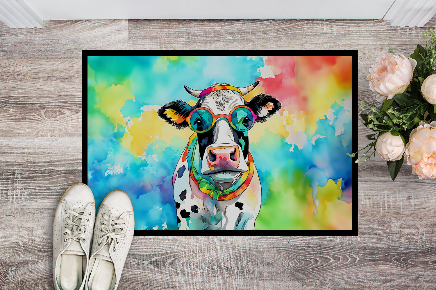 Hippie Animal Cow Doormat Indoor Outdoor 18H X 27W Front Door Mat Rugs for Entryway, Non Slip Washable
