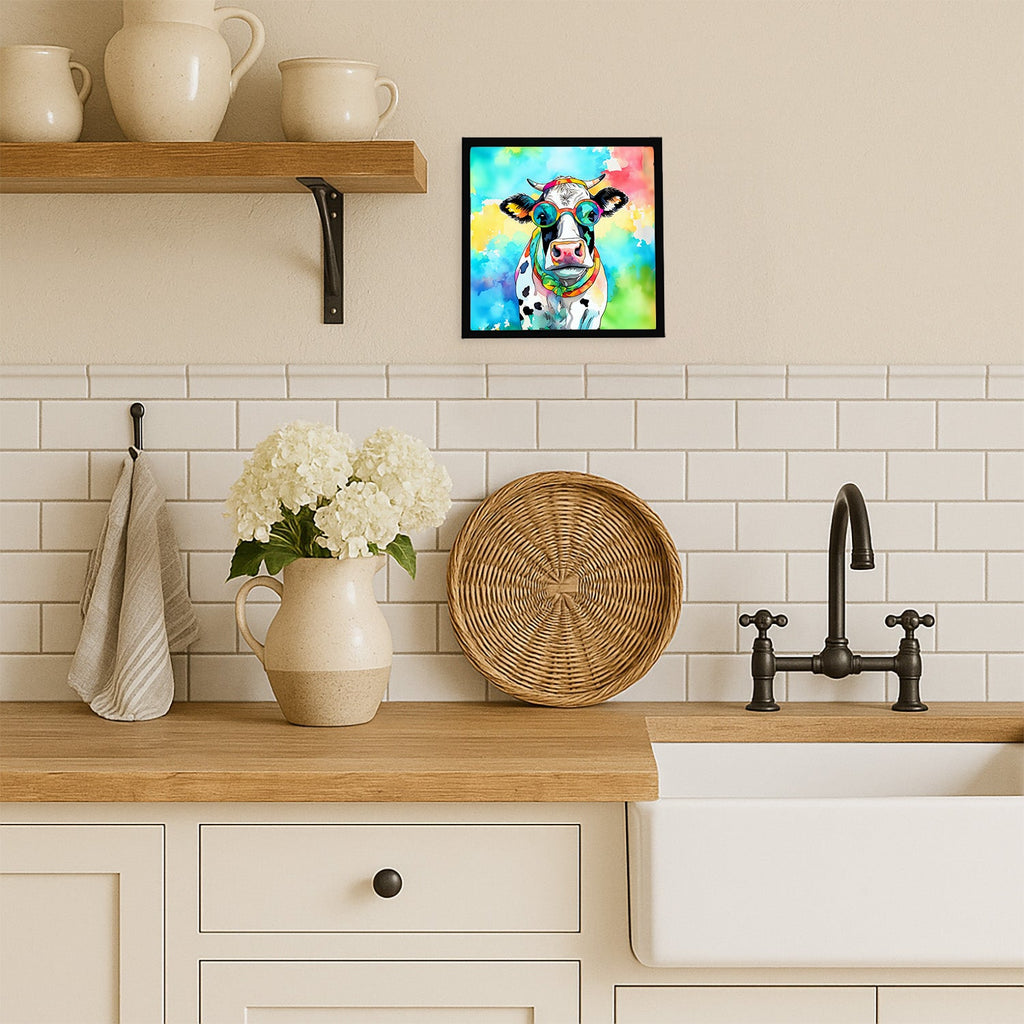 Hippie Animal Cow Framed Metal Print Bathroom, Kitchen, Office, Home Decor Wall Art Ready to Hang, Square, 8X8