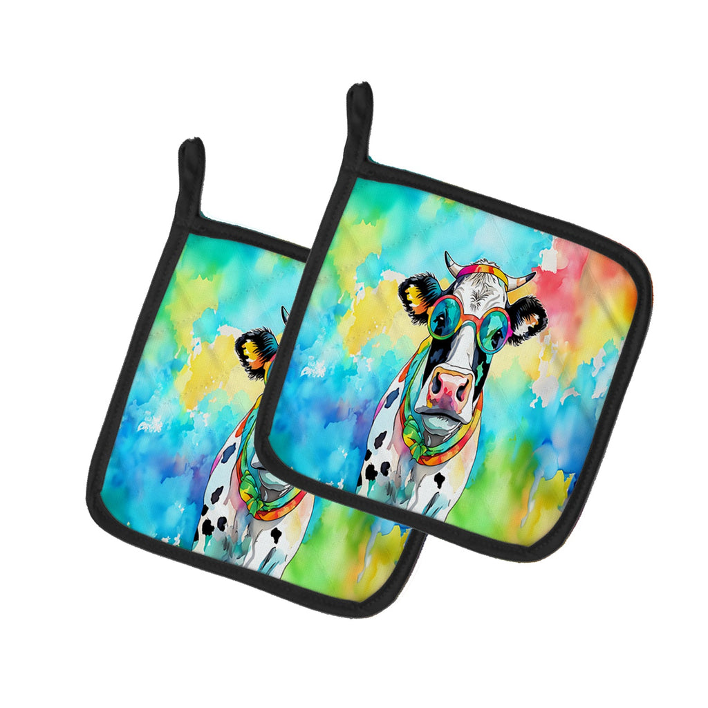 Hippie Animal Cow Pot Holder Set of 2 Heat Resistant Quilted Hot Pads 7.5 x 7.5 Inch, Insulated Kitchen Trivets for Cooking & Baking