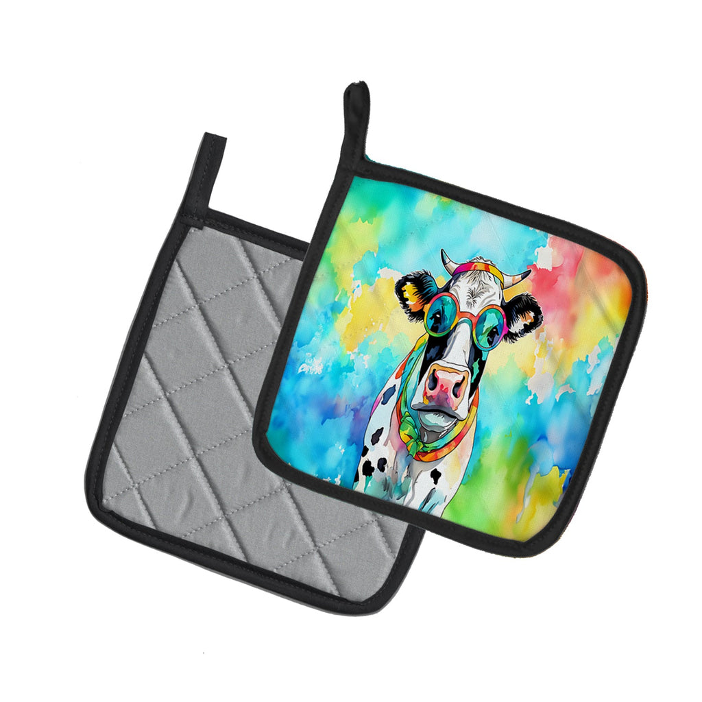 Hippie Animal Cow Pot Holder Set of 2 Heat Resistant Quilted Hot Pads 7.5 x 7.5 Inch, Insulated Kitchen Trivets for Cooking & Baking