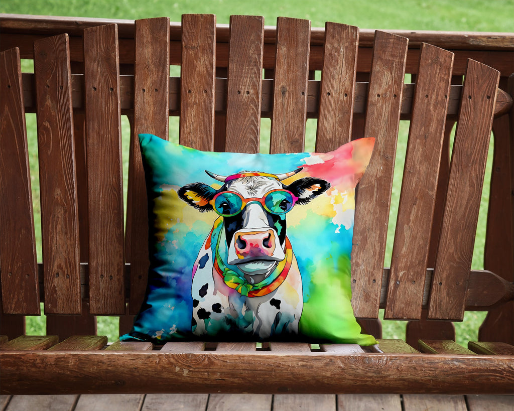Hippie Animal Cow Decorative Throw Pillow 14x14 Indoor Outdoor Accent Cushion, Fabric Cover with Insert for Sofa, Bed, Porch & Living Room