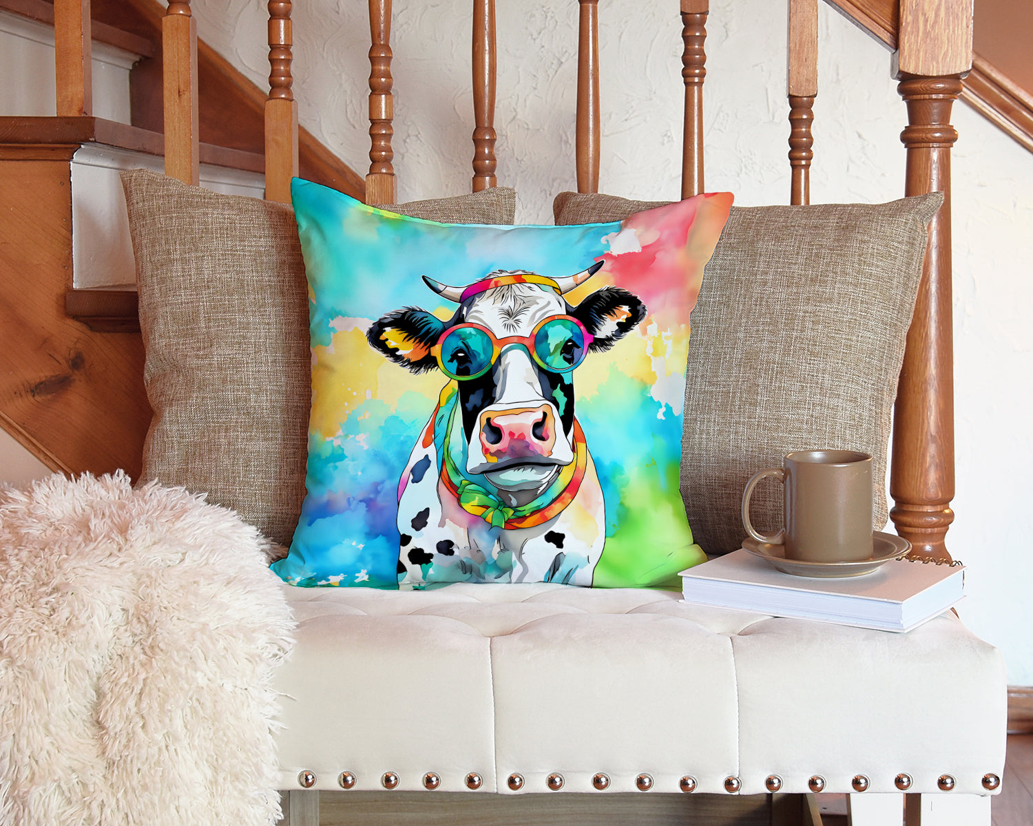 Hippie Animal Cow Decorative Throw Pillow 14x14 Indoor Outdoor Accent Cushion, Fabric Cover with Insert for Sofa, Bed, Porch & Living Room