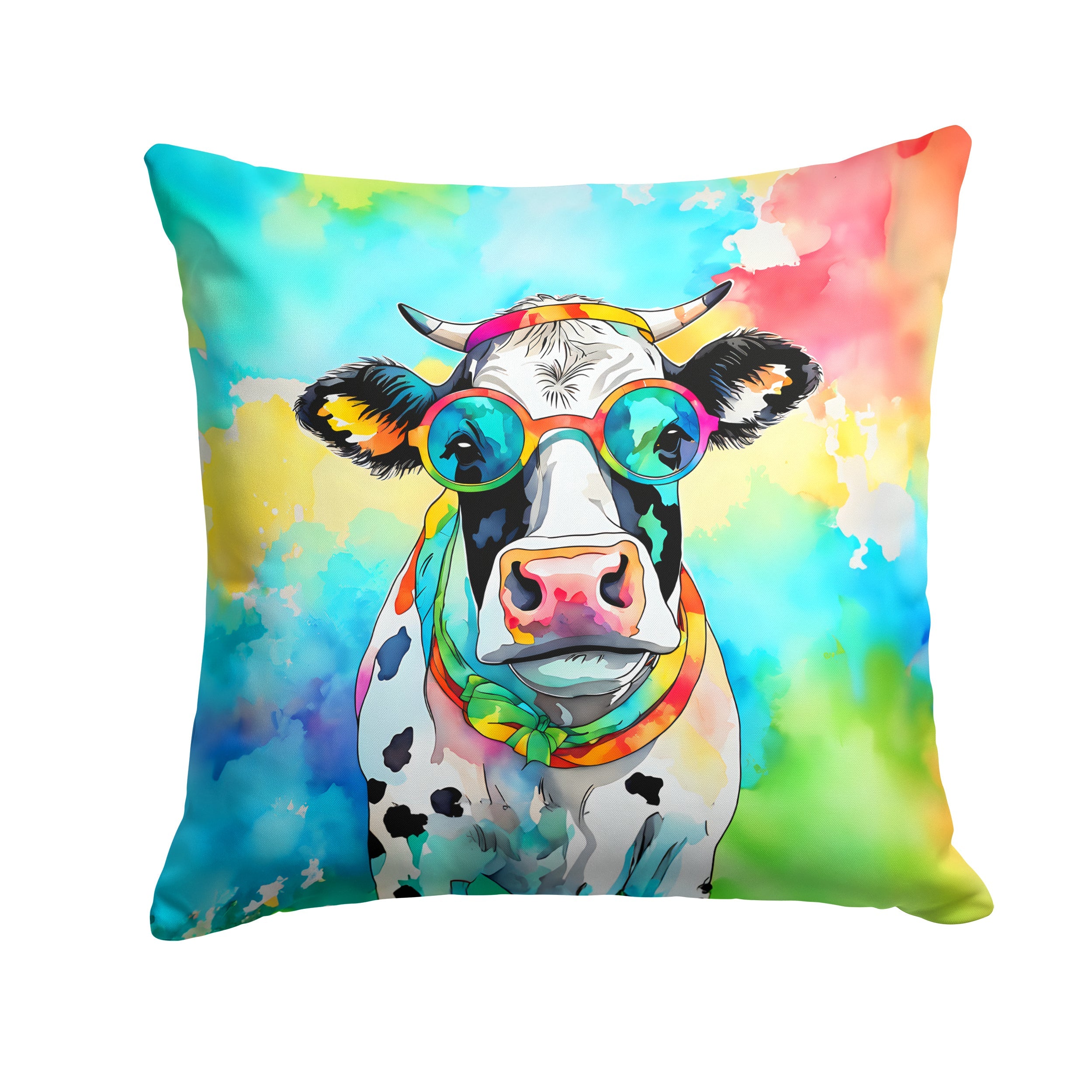 Hippie Animal Cow Decorative Throw Pillow 18x18 Indoor Outdoor Accent Cushion, Fabric Cover with Insert for Sofa, Bed, Porch & Living Room