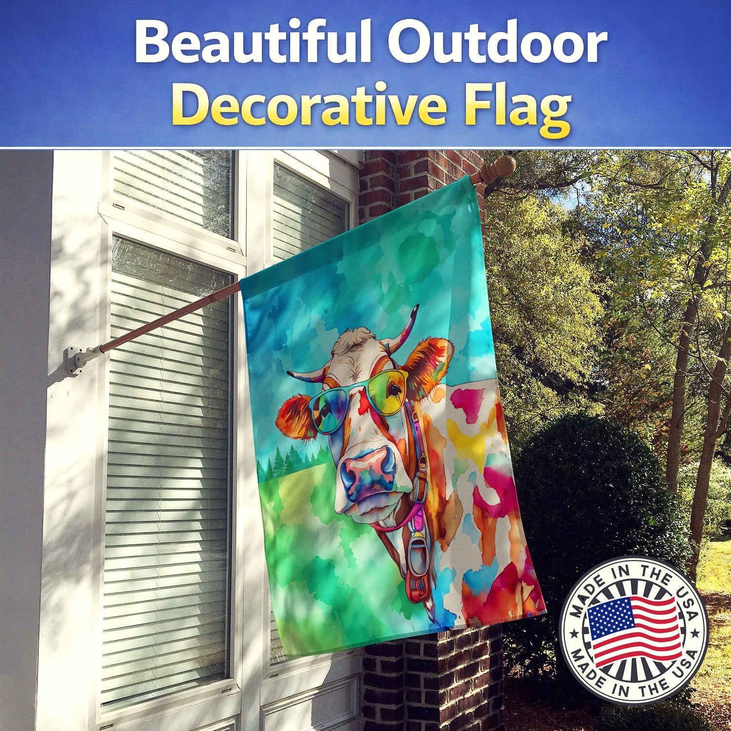 Hippie Animal Cow House Flag 28x40 Porch Sleeve Pole Decorative Outside Yard Banner Artwork Wall Hanging, Polyester