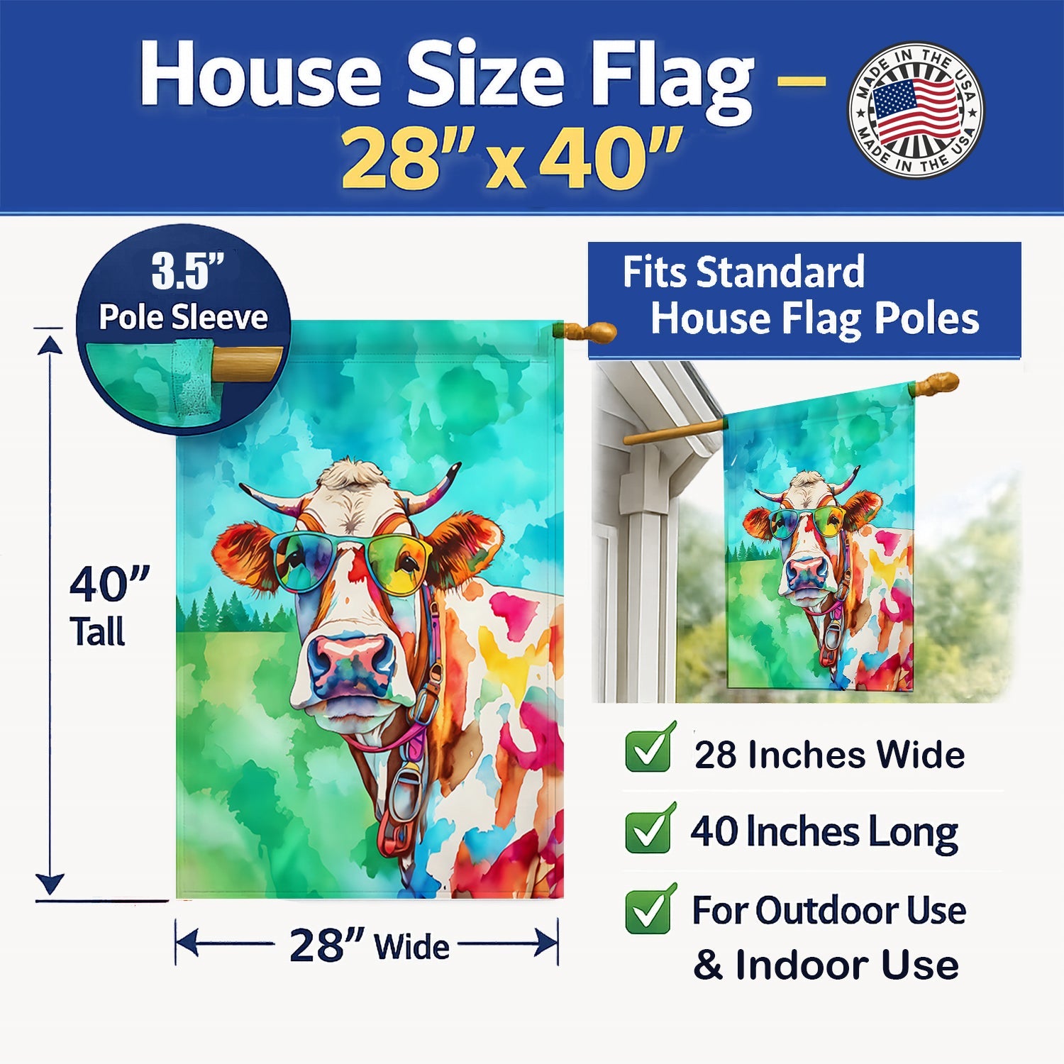 Hippie Animal Cow House Flag 28x40 Porch Sleeve Pole Decorative Outside Yard Banner Artwork Wall Hanging, Polyester