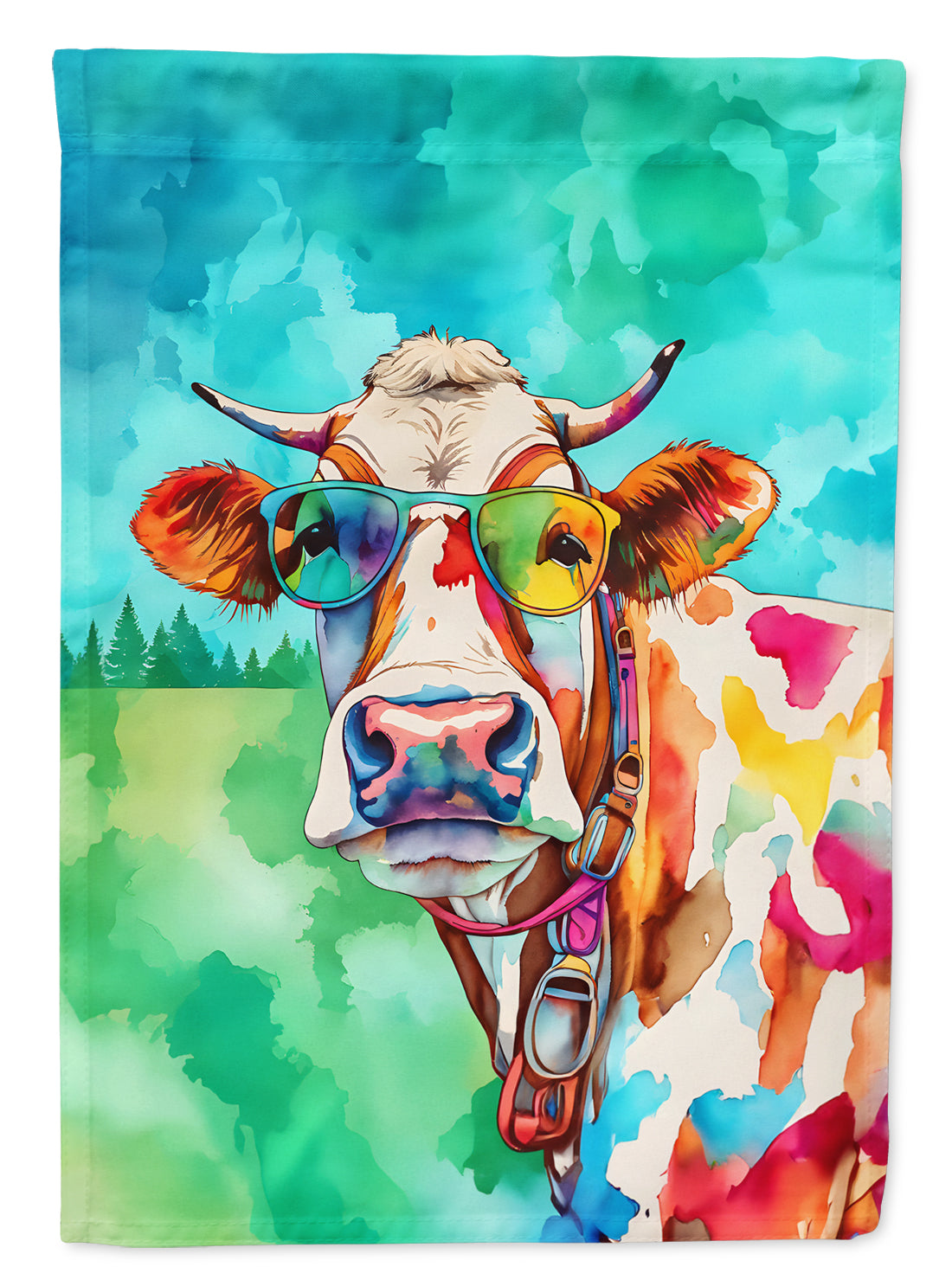 Hippie Animal Cow House Flag 28x40 Porch Sleeve Pole Decorative Outside Yard Banner Artwork Wall Hanging, Polyester