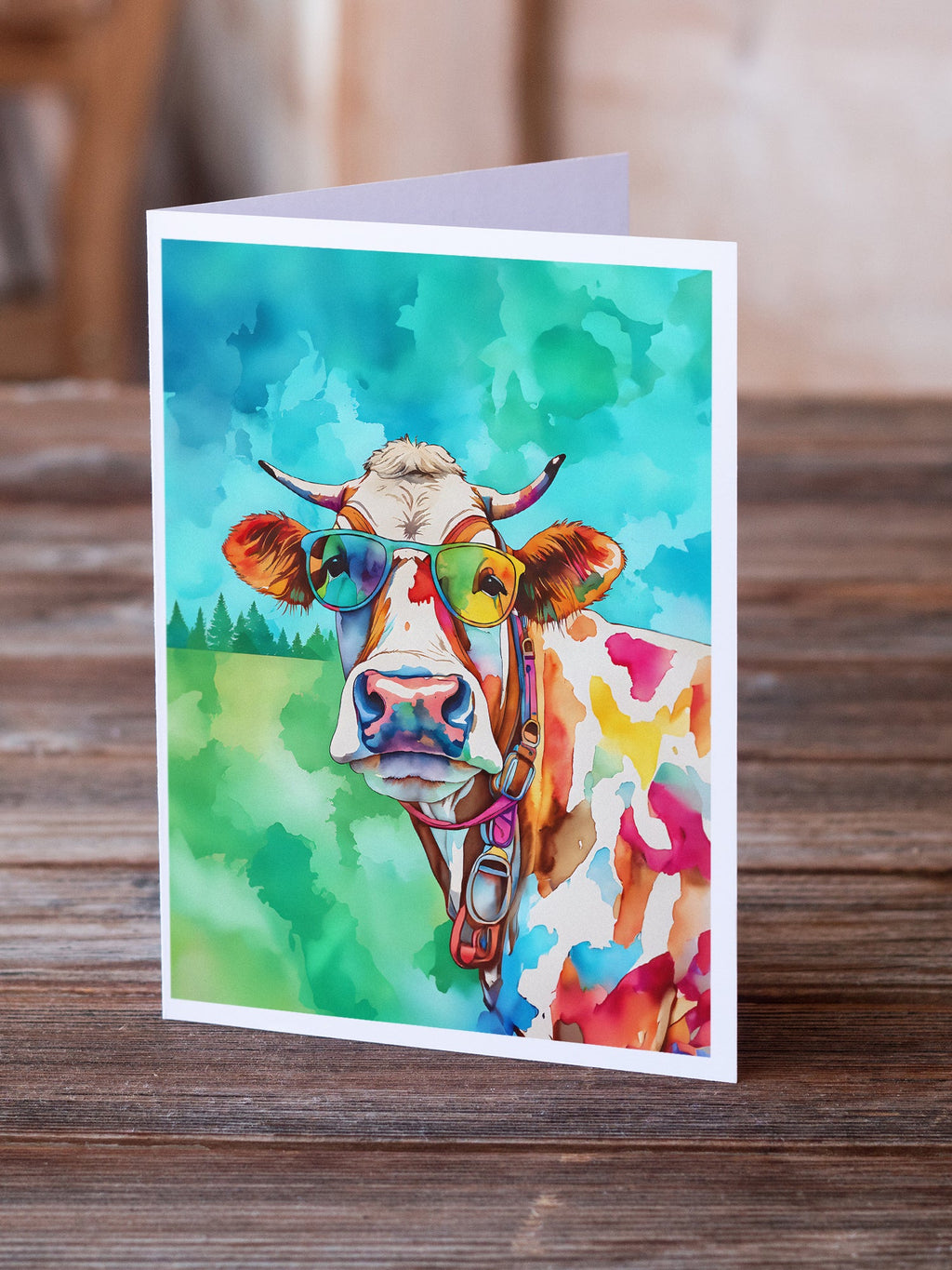 Hippie Animal Cow Greeting Cards Pack of 8 Blank Cards with Envelopes Whimsical A7 Size 5x7