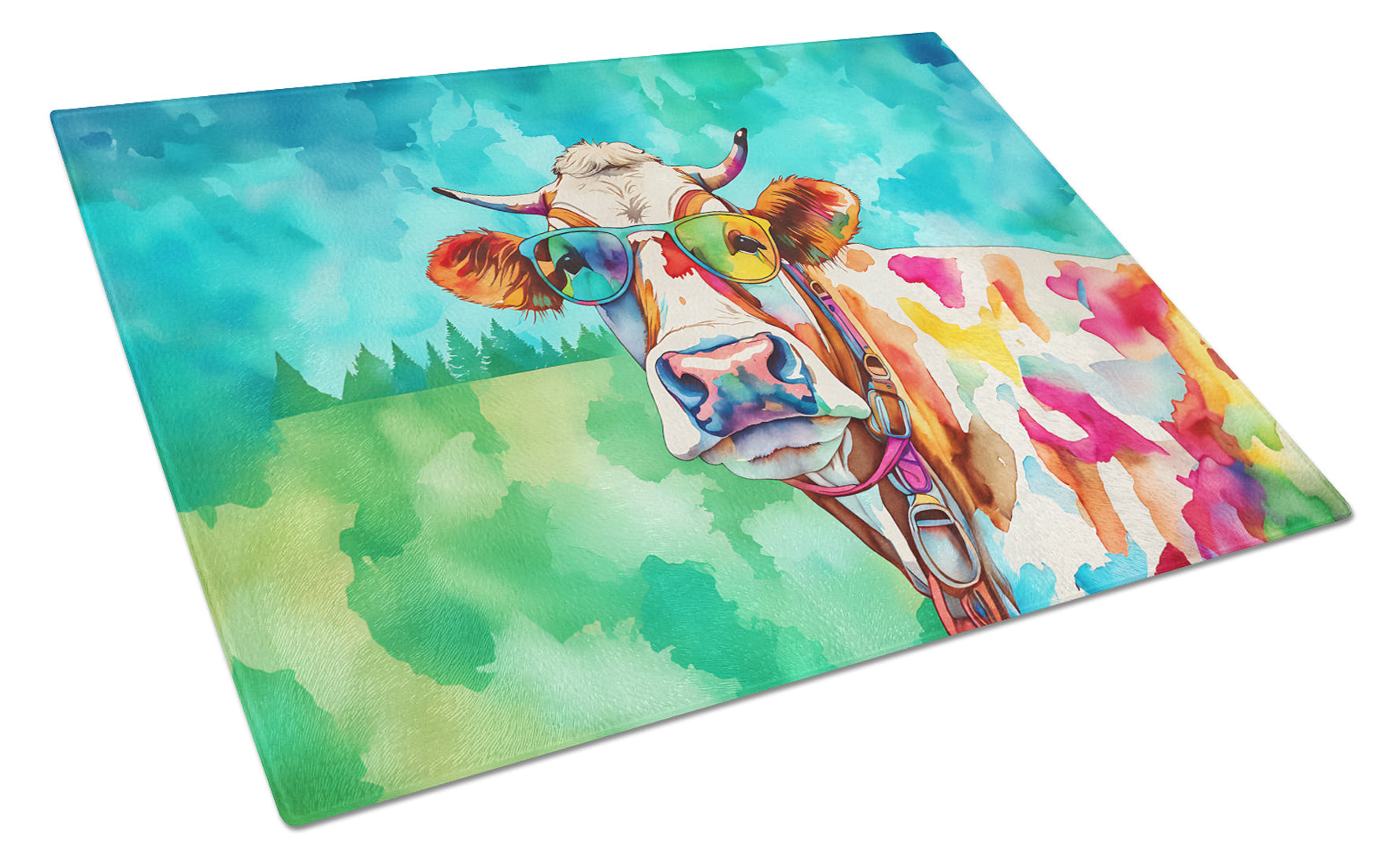 Hippie Animal Cow Cutting Board Tempered Glass Kitchen Cutting Surface, Heat Resistant Chopping, Non-Slip Feet, Food Prep & Serving