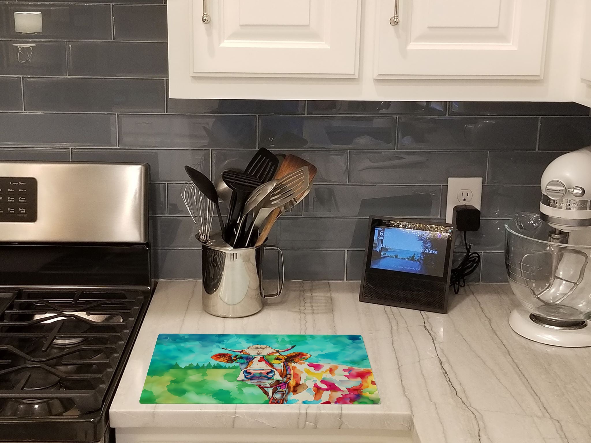 Hippie Animal Cow Cutting Board Tempered Glass Kitchen Cutting Surface, Heat Resistant Chopping, Non-Slip Feet, Food Prep & Serving