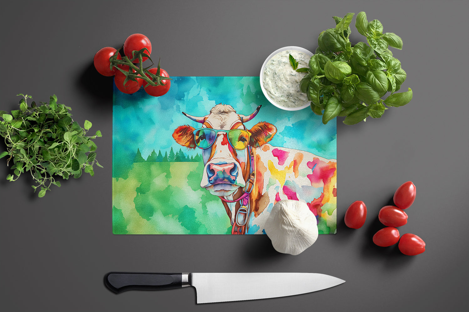 Hippie Animal Cow Cutting Board Tempered Glass Kitchen Cutting Surface, Heat Resistant Chopping, Non-Slip Feet, Food Prep & Serving