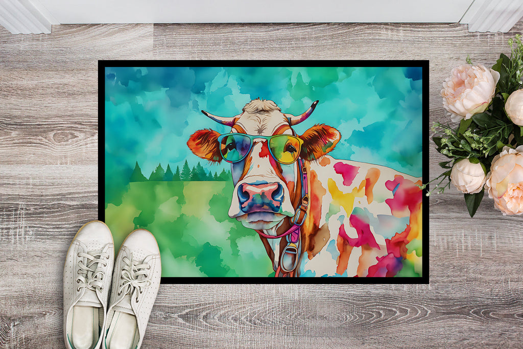 Hippie Animal Cow Doormat Indoor Outdoor 18H X 27W Front Door Mat Rugs for Entryway, Non Slip Washable