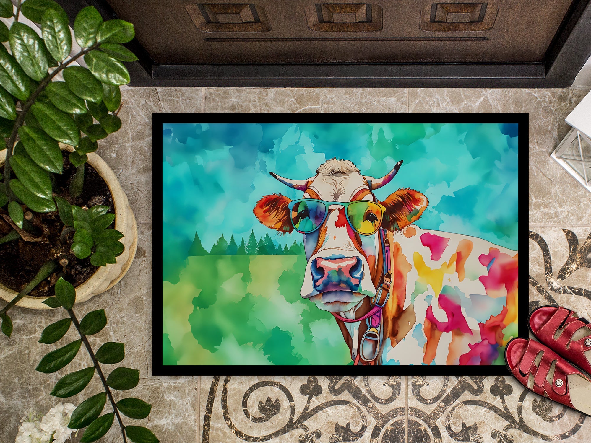 Hippie Animal Cow Doormat Indoor Outdoor 18H X 27W Front Door Mat Rugs for Entryway, Non Slip Washable