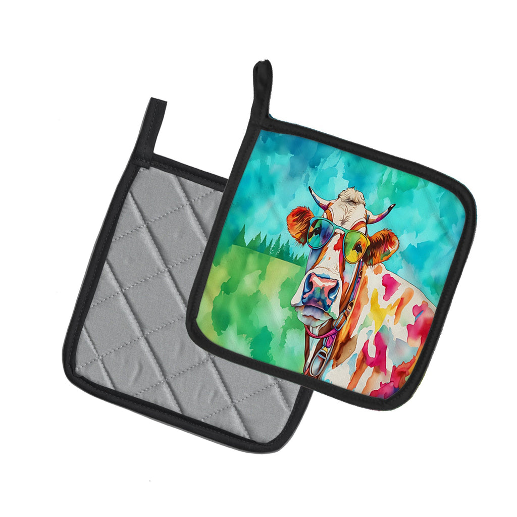Hippie Animal Cow Pot Holder Set of 2 Heat Resistant Quilted Hot Pads 7.5 x 7.5 Inch, Insulated Kitchen Trivets for Cooking & Baking