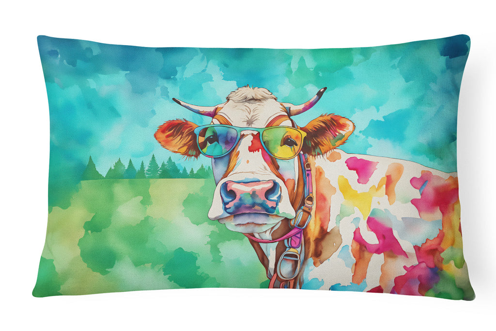 Hippie Animal Cow Decorative Throw Pillow 12x16 Indoor Outdoor Accent Cushion, Fabric Cover with Insert for Sofa, Bed, Porch & Living Room