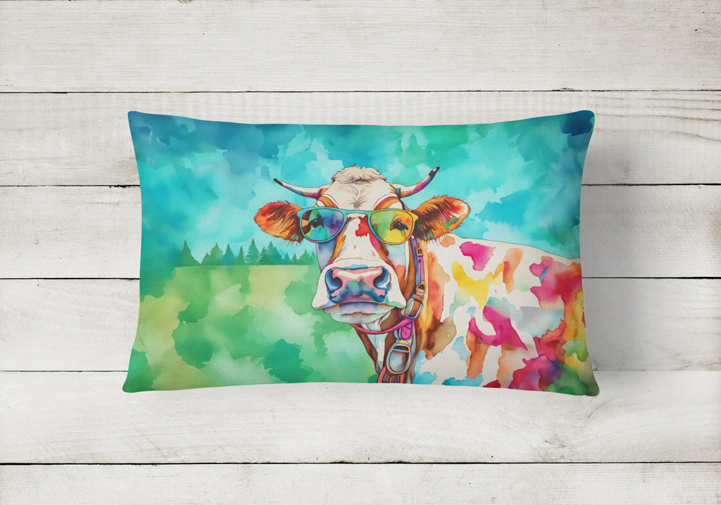 Hippie Animal Cow Decorative Throw Pillow 12x16 Indoor Outdoor Accent Cushion, Fabric Cover with Insert for Sofa, Bed, Porch & Living Room