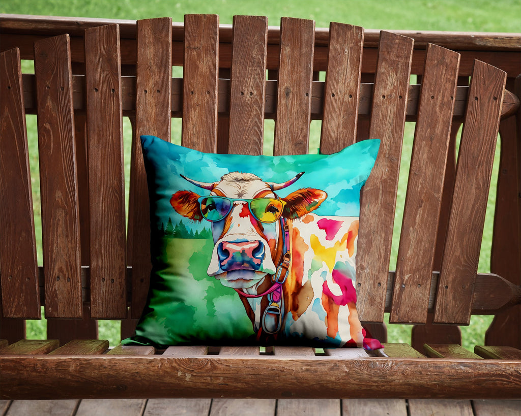 Hippie Animal Cow Decorative Throw Pillow 14x14 Indoor Outdoor Accent Cushion, Fabric Cover with Insert for Sofa, Bed, Porch & Living Room