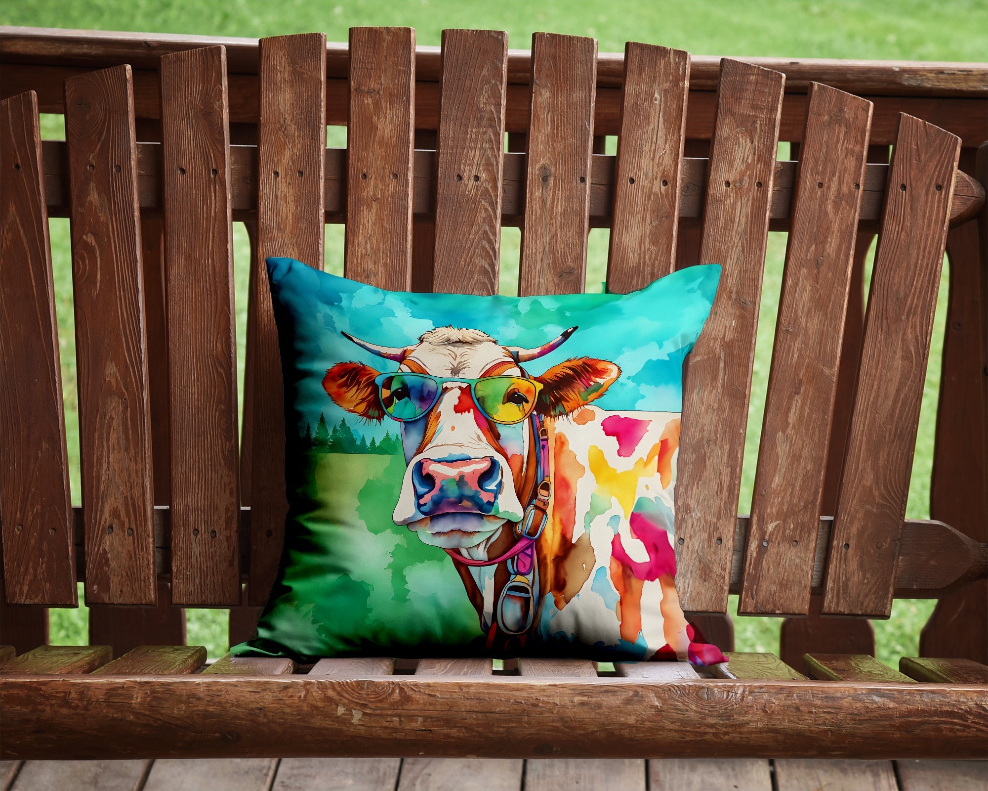 Hippie Animal Cow Decorative Throw Pillow 14x14 Indoor Outdoor Accent Cushion, Fabric Cover with Insert for Sofa, Bed, Porch & Living Room