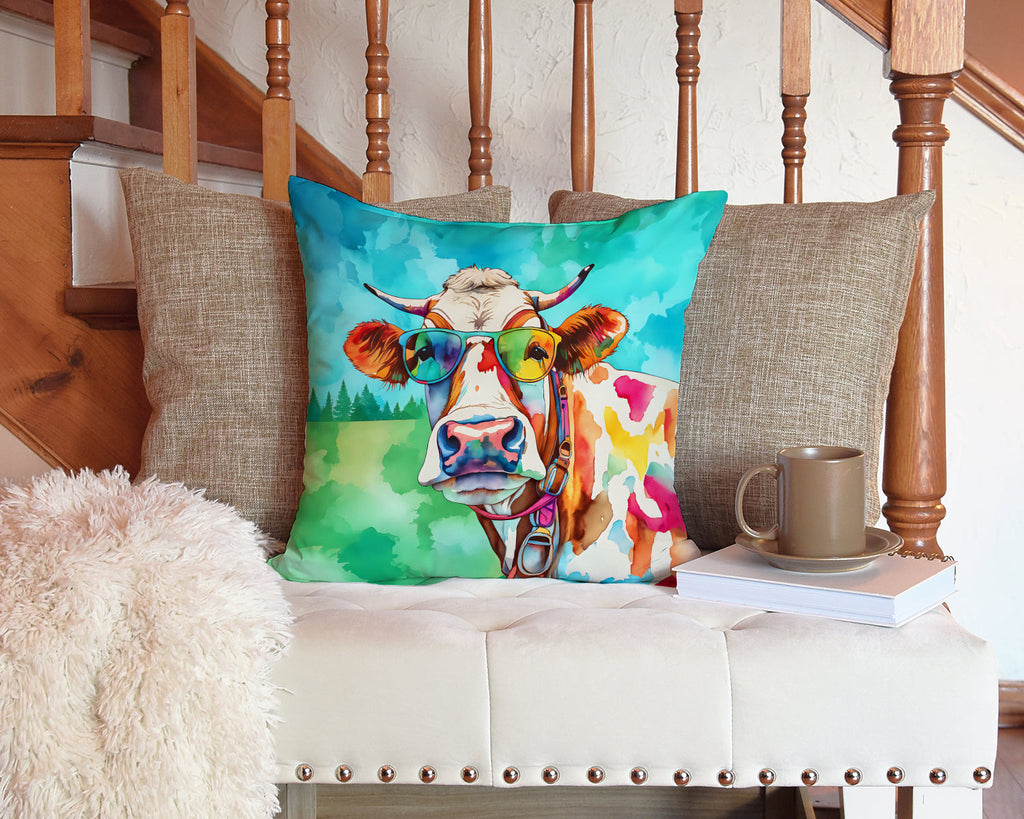 Hippie Animal Cow Decorative Throw Pillow 14x14 Indoor Outdoor Accent Cushion, Fabric Cover with Insert for Sofa, Bed, Porch & Living Room