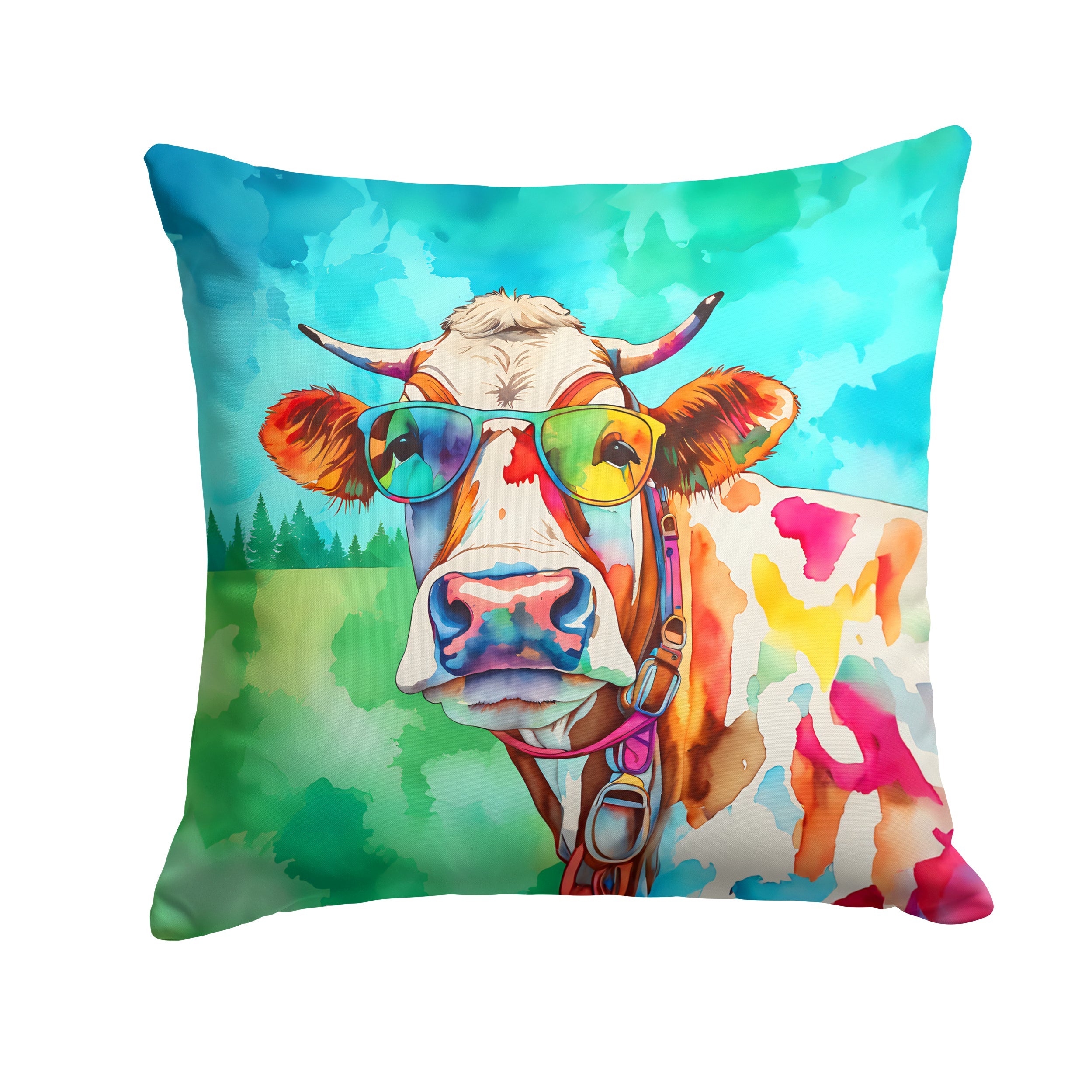 Hippie Animal Cow Decorative Throw Pillow 18x18 Indoor Outdoor Accent Cushion, Fabric Cover with Insert for Sofa, Bed, Porch & Living Room