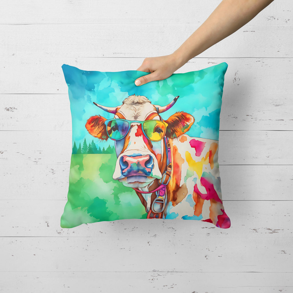 Hippie Animal Cow Decorative Throw Pillow 18x18 Indoor Outdoor Accent Cushion, Fabric Cover with Insert for Sofa, Bed, Porch & Living Room