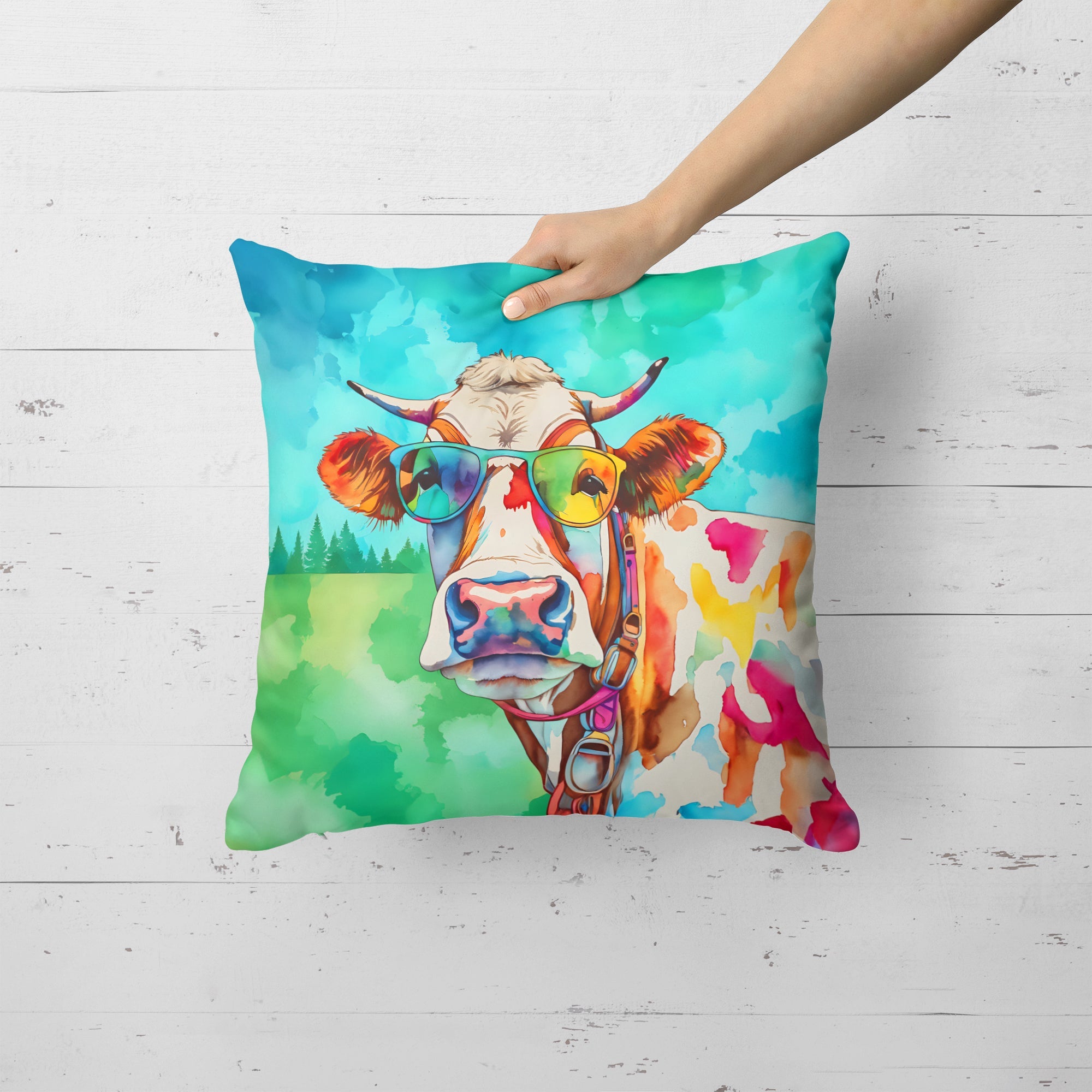 Hippie Animal Cow Decorative Throw Pillow 18x18 Indoor Outdoor Accent Cushion, Fabric Cover with Insert for Sofa, Bed, Porch & Living Room