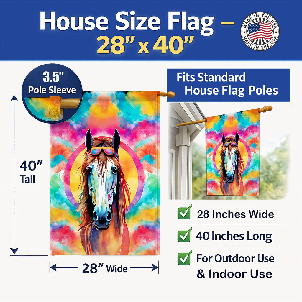 Hippie Animal Horse House Flag 28x40 Porch Sleeve Pole Decorative Outside Yard Banner Artwork Wall Hanging, Polyester