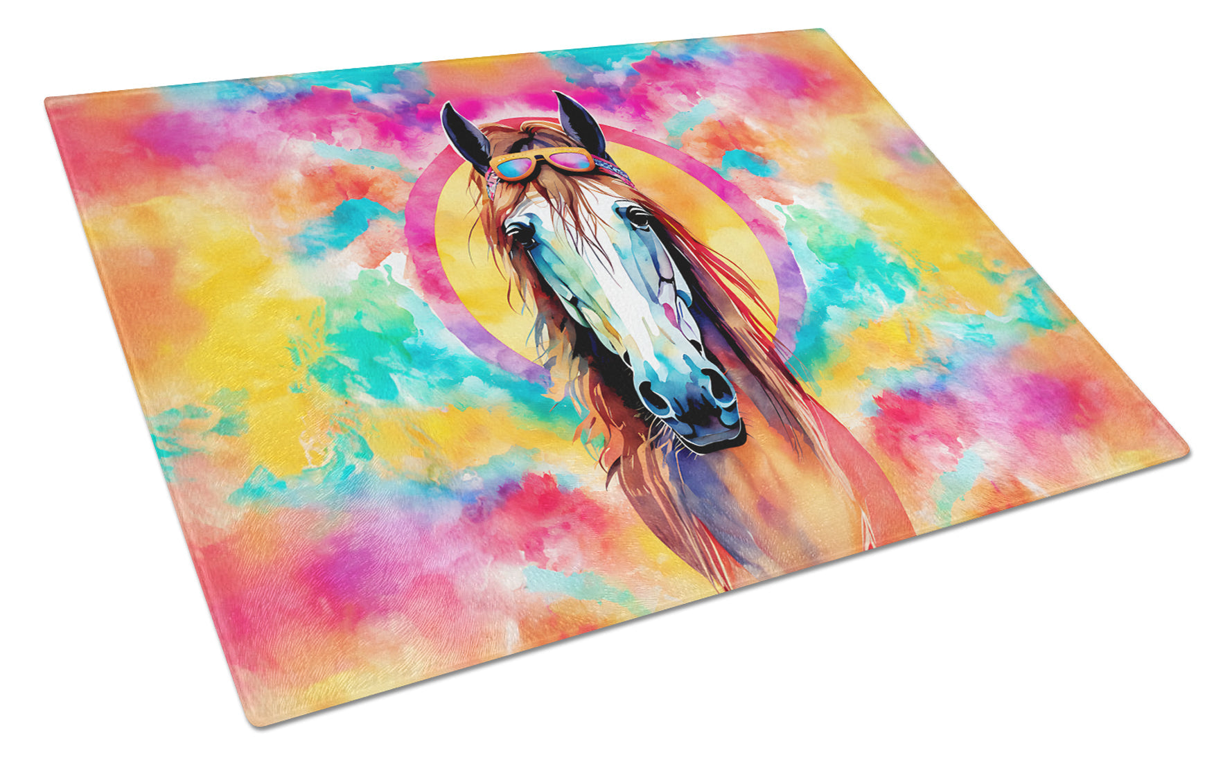 Hippie Animal Horse Cutting Board Tempered Glass Kitchen Cutting Surface, Heat Resistant Chopping, Non-Slip Feet, Food Prep & Serving