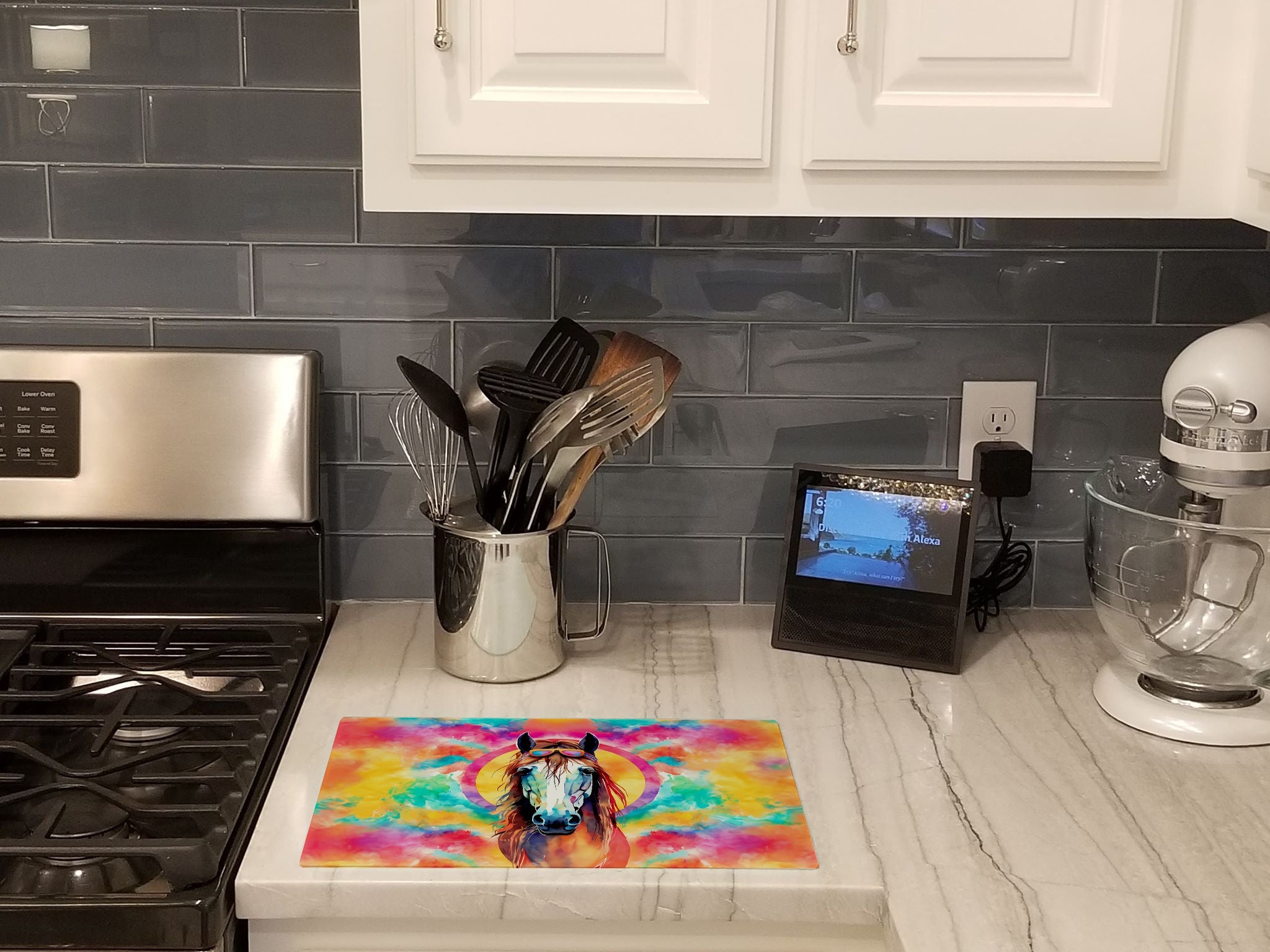 Hippie Animal Horse Cutting Board Tempered Glass Kitchen Cutting Surface, Heat Resistant Chopping, Non-Slip Feet, Food Prep & Serving