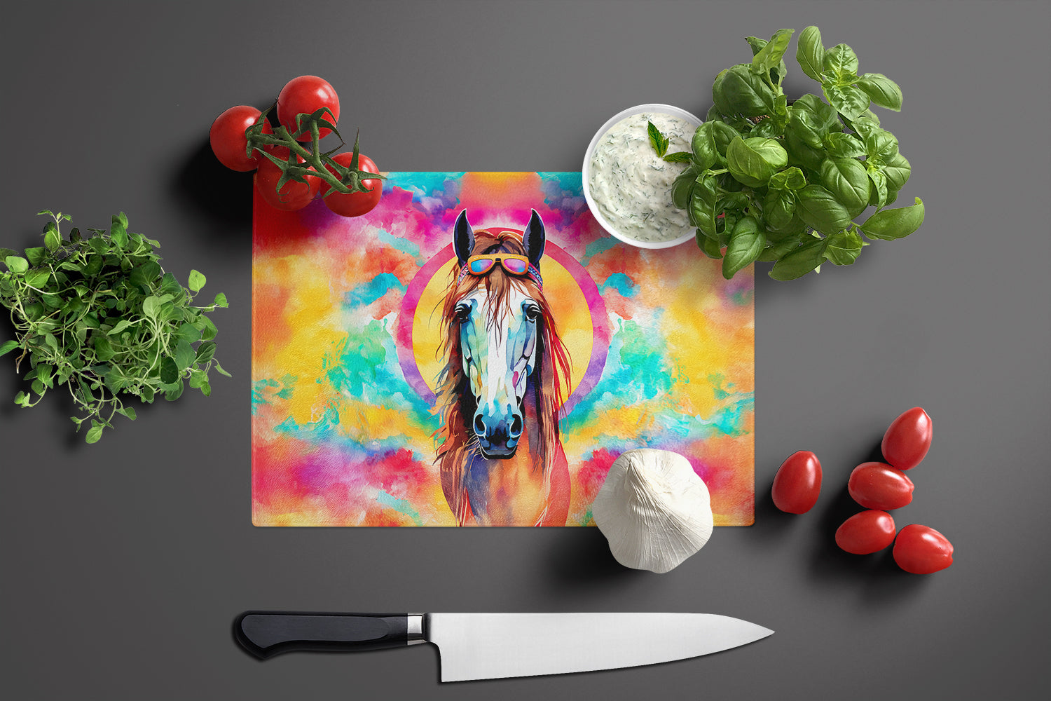 Hippie Animal Horse Cutting Board Tempered Glass Kitchen Cutting Surface, Heat Resistant Chopping, Non-Slip Feet, Food Prep & Serving