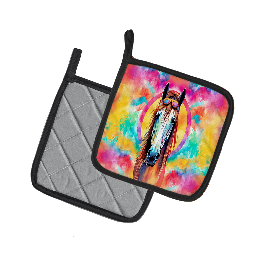 Hippie Animal Horse Pot Holder Set of 2 Heat Resistant Quilted Hot Pads 7.5 x 7.5 Inch, Insulated Kitchen Trivets for Cooking & Baking