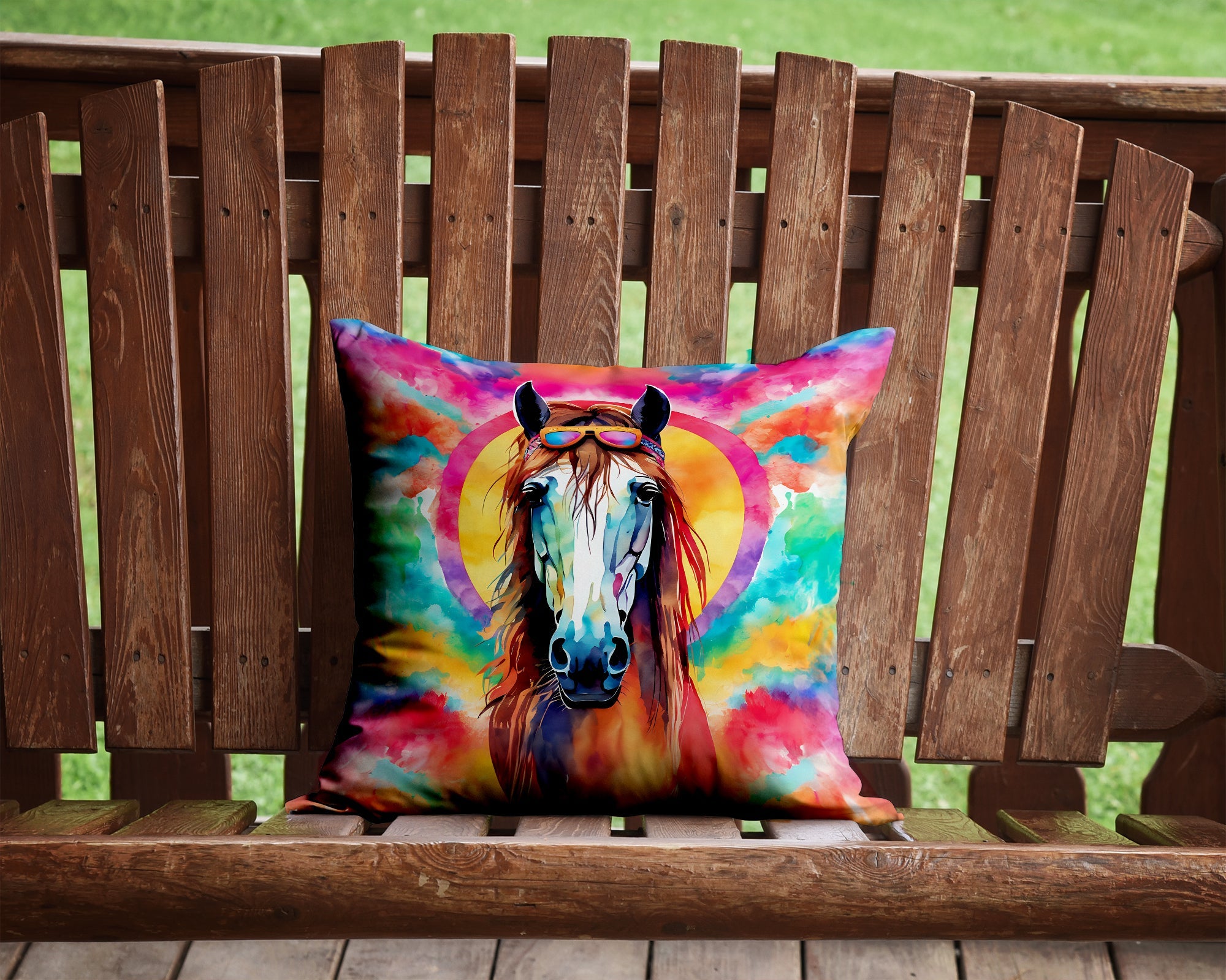 Hippie Animal Horse Decorative Throw Pillow 14x14 Indoor Outdoor Accent Cushion, Fabric Cover with Insert for Sofa, Bed, Porch & Living Room