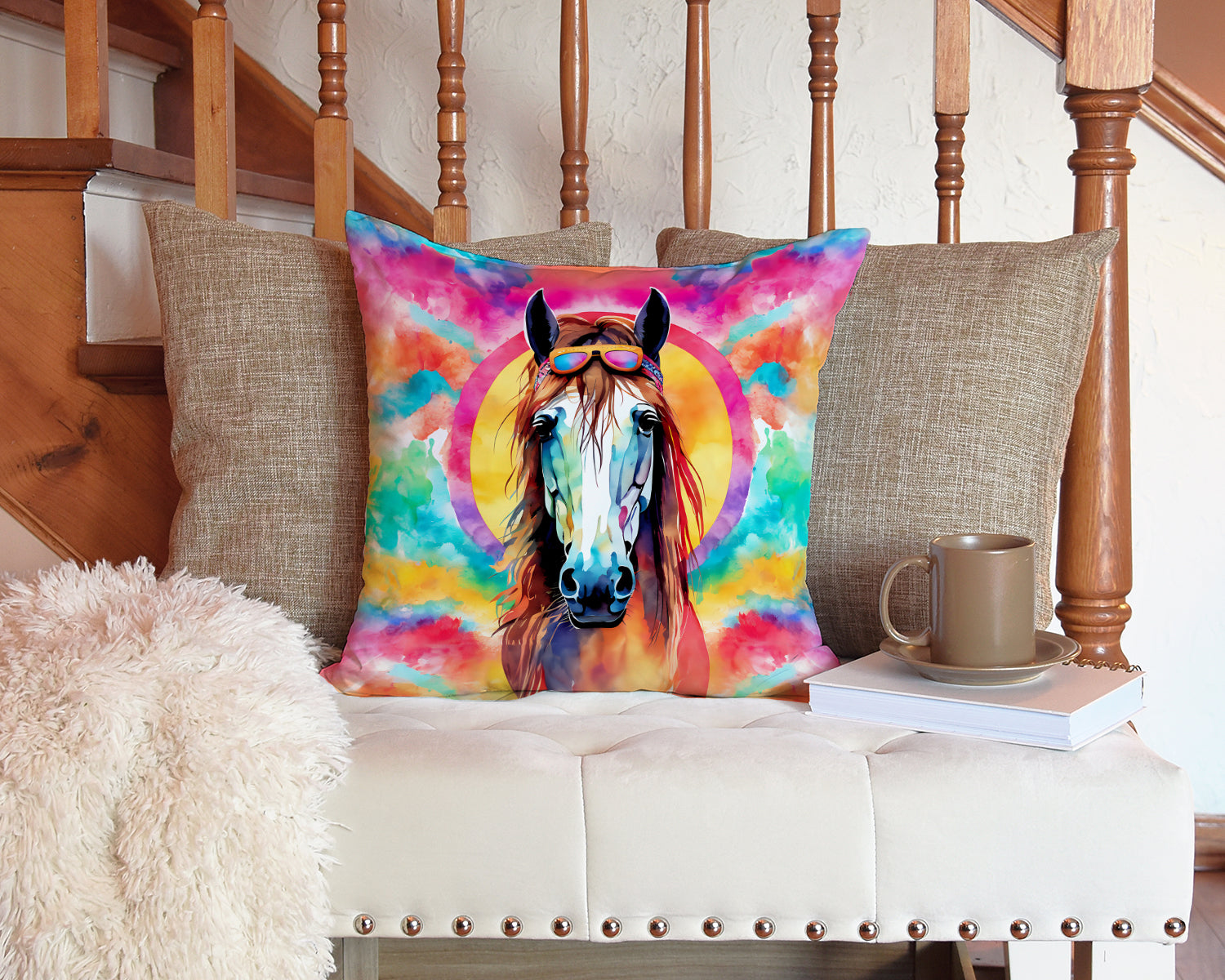 Hippie Animal Horse Decorative Throw Pillow 14x14 Indoor Outdoor Accent Cushion, Fabric Cover with Insert for Sofa, Bed, Porch & Living Room
