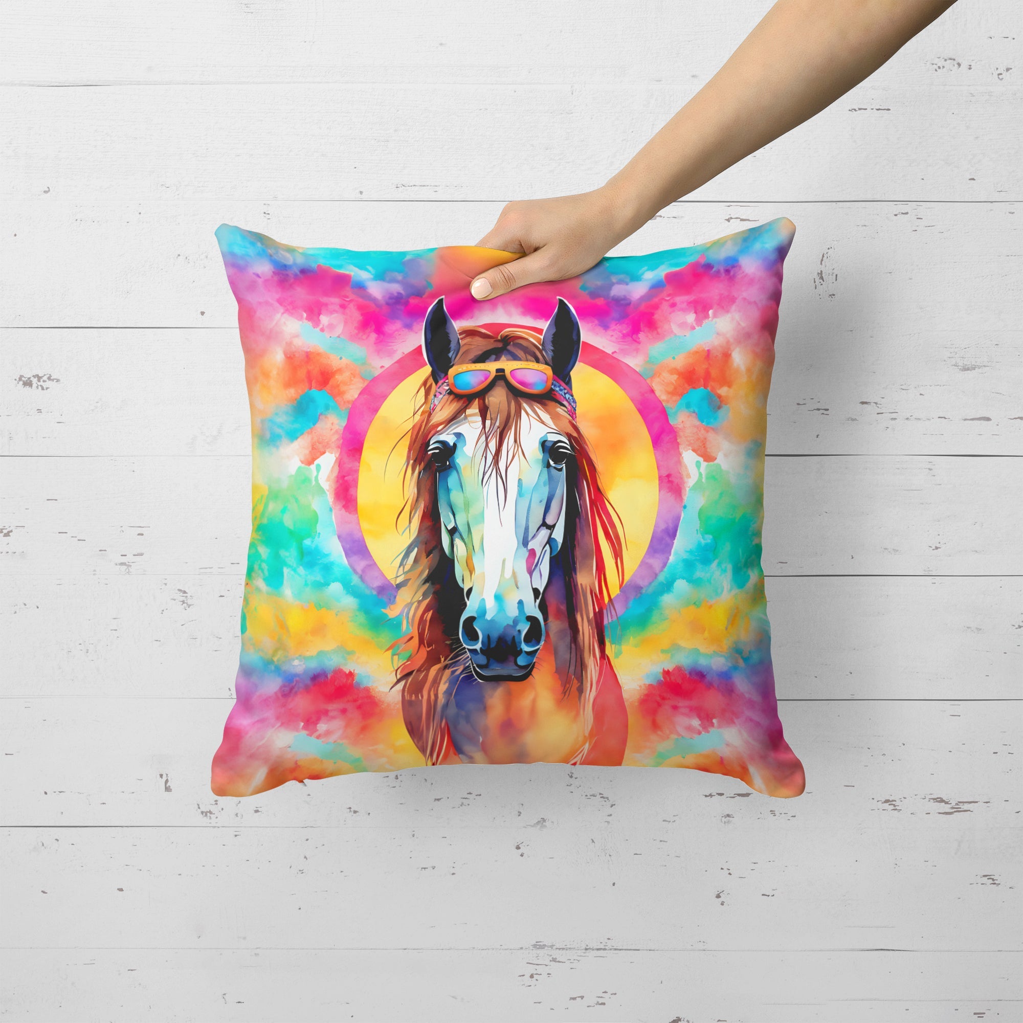 Hippie Animal Horse Decorative Throw Pillow 18x18 Indoor Outdoor Accent Cushion, Fabric Cover with Insert for Sofa, Bed, Porch & Living Room