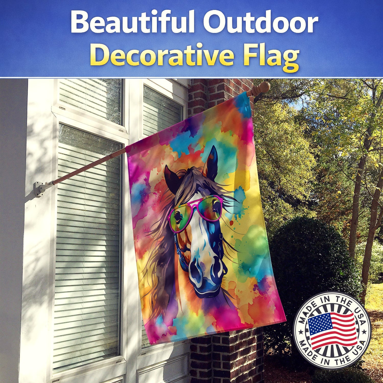 Hippie Animal Horse House Flag 28x40 Porch Sleeve Pole Decorative Outside Yard Banner Artwork Wall Hanging, Polyester