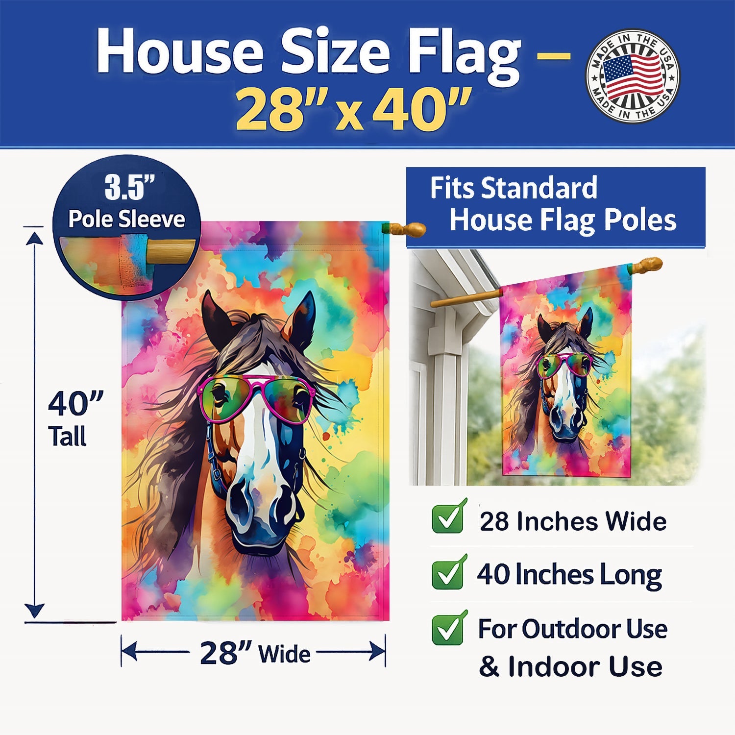 Hippie Animal Horse House Flag 28x40 Porch Sleeve Pole Decorative Outside Yard Banner Artwork Wall Hanging, Polyester