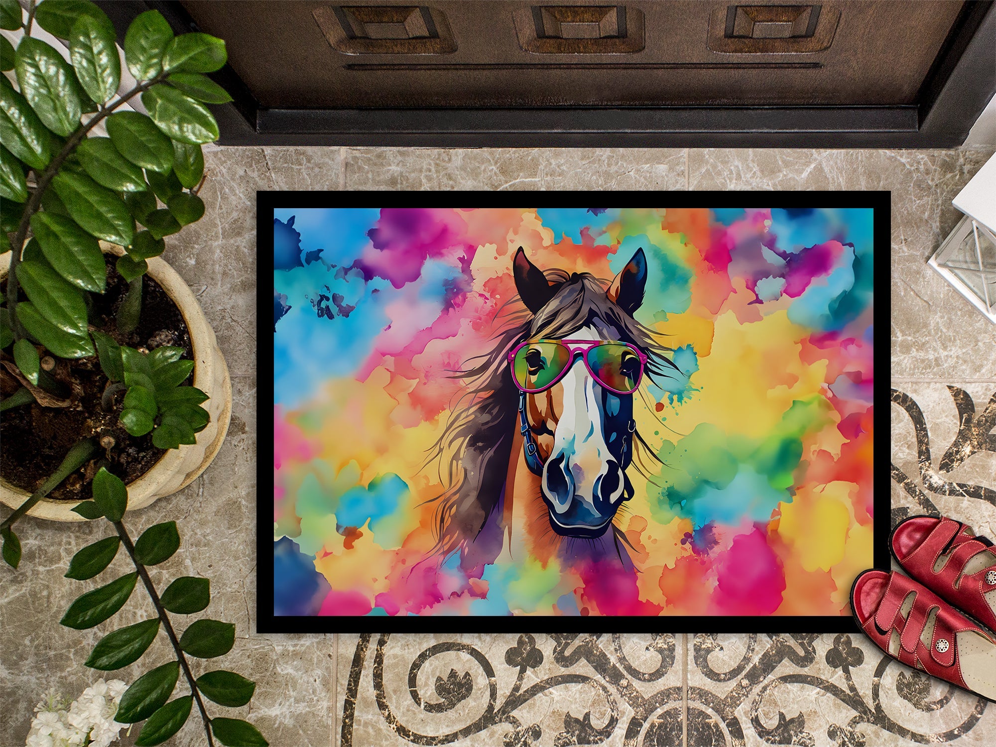 Hippie Animal Horse Doormat Indoor Outdoor 24H X 36W Front Door Mat Rugs for Entryway, Non Slip Washable Low Pile,