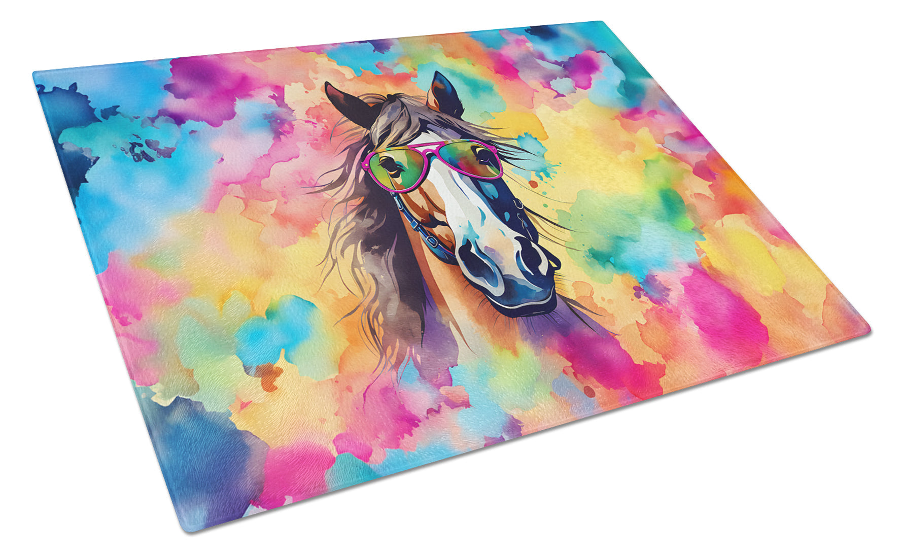 Hippie Animal Horse Cutting Board Tempered Glass Kitchen Cutting Surface, Heat Resistant Chopping, Non-Slip Feet, Food Prep & Serving
