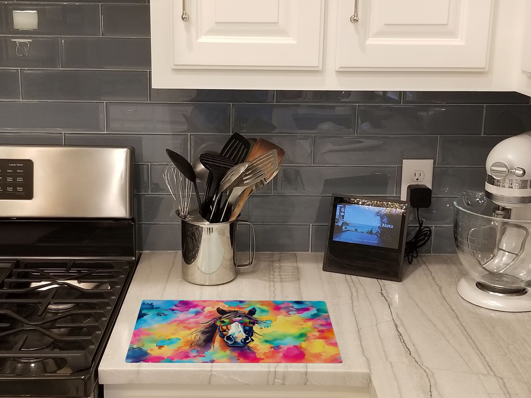 Hippie Animal Horse Cutting Board Tempered Glass Kitchen Cutting Surface, Heat Resistant Chopping, Non-Slip Feet, Food Prep & Serving