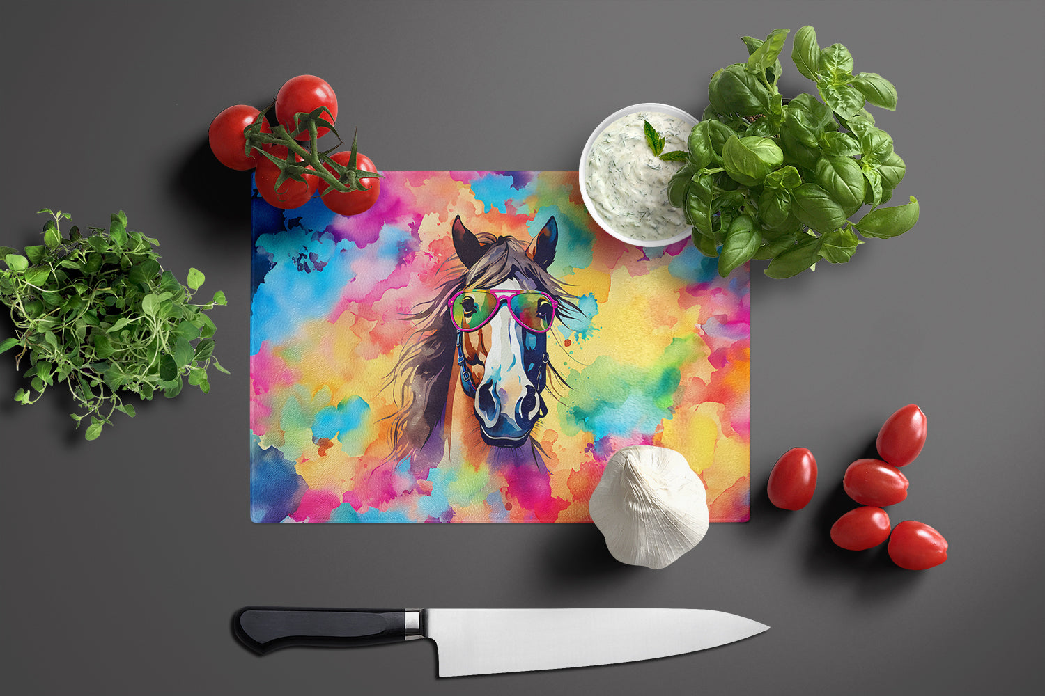 Hippie Animal Horse Cutting Board Tempered Glass Kitchen Cutting Surface, Heat Resistant Chopping, Non-Slip Feet, Food Prep & Serving