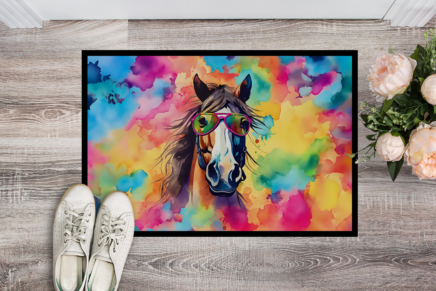 Hippie Animal Horse Doormat Indoor Outdoor 18H X 27W Front Door Mat Rugs for Entryway, Non Slip Washable