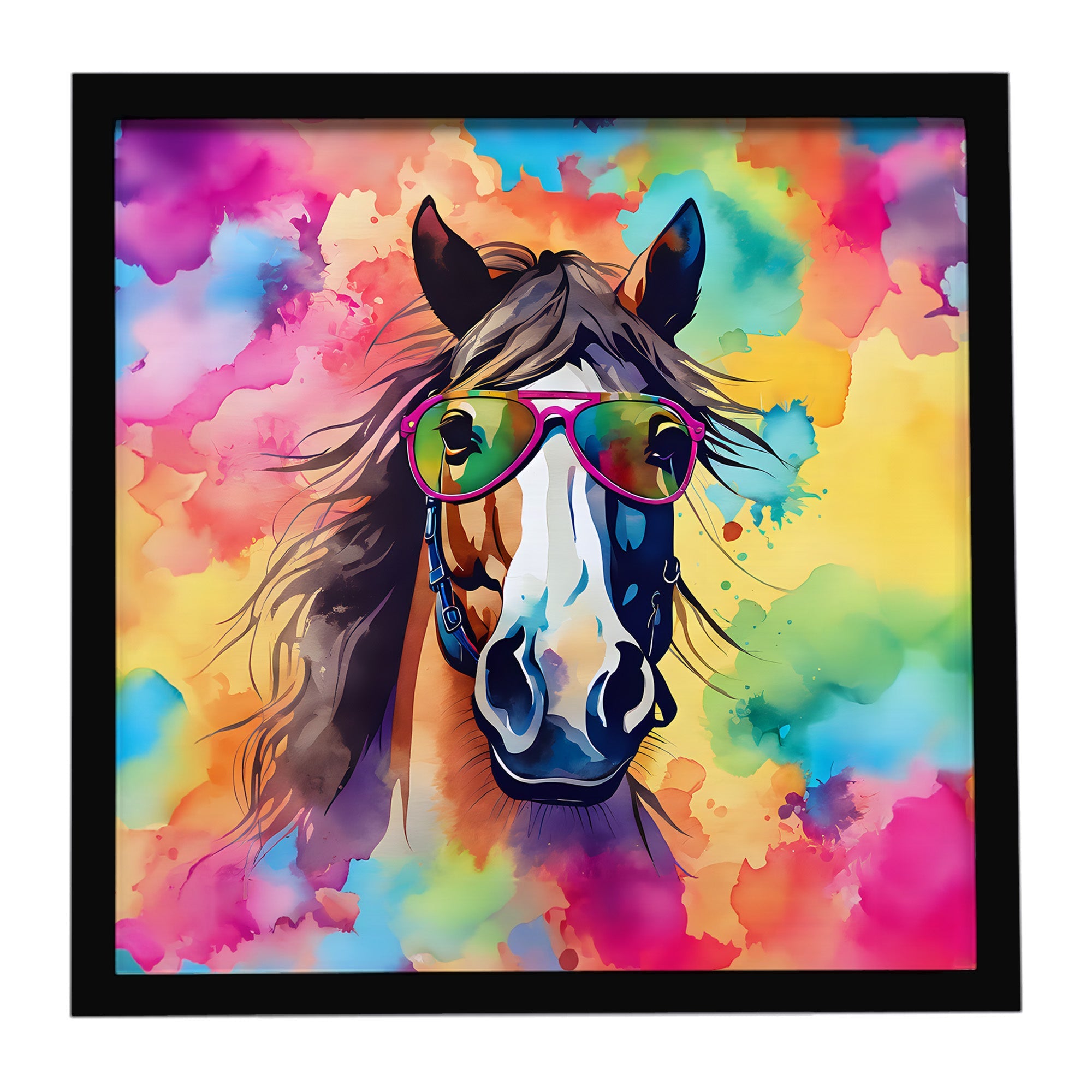 Hippie Animal Horse Framed Metal Print Bathroom, Kitchen, Office, Home Decor Wall Art Ready to Hang, Square, 8X8