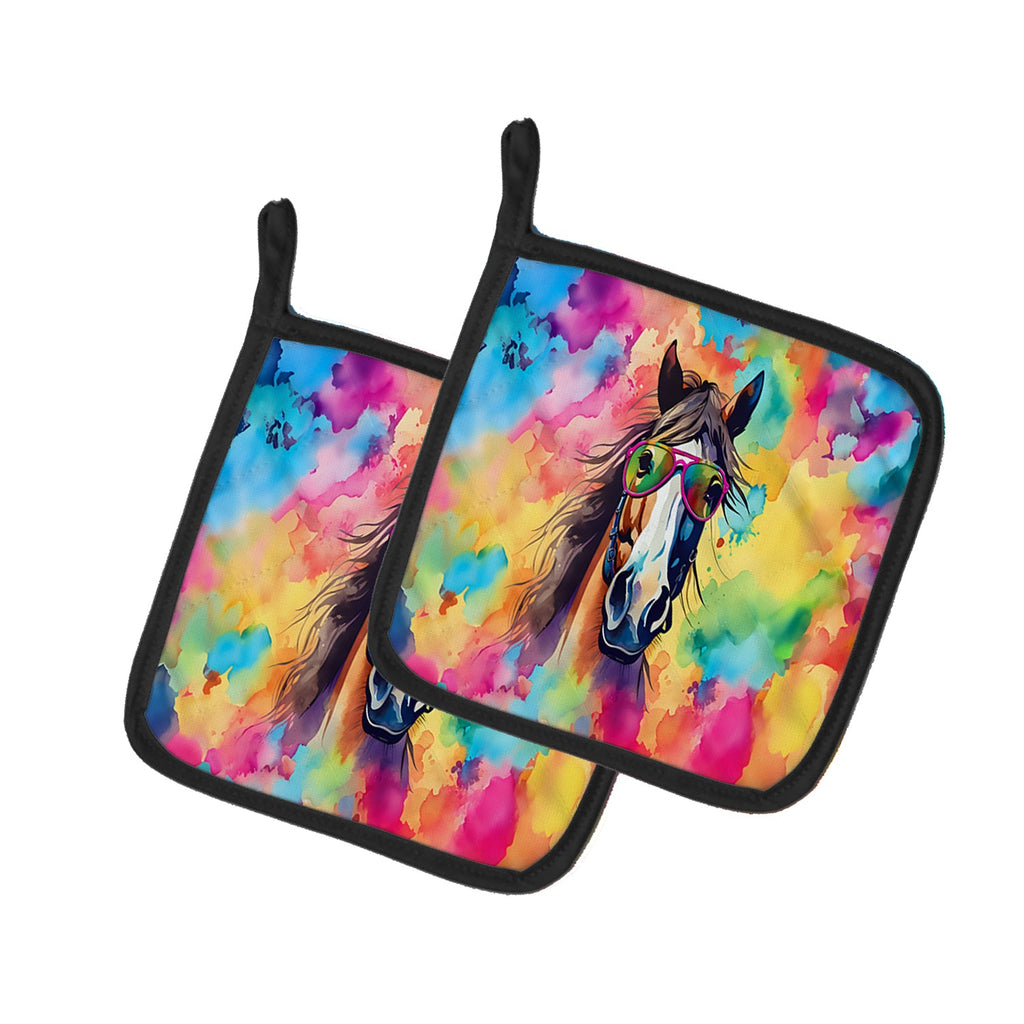 Hippie Animal Horse Pot Holder Set of 2 Heat Resistant Quilted Hot Pads 7.5 x 7.5 Inch, Insulated Kitchen Trivets for Cooking & Baking