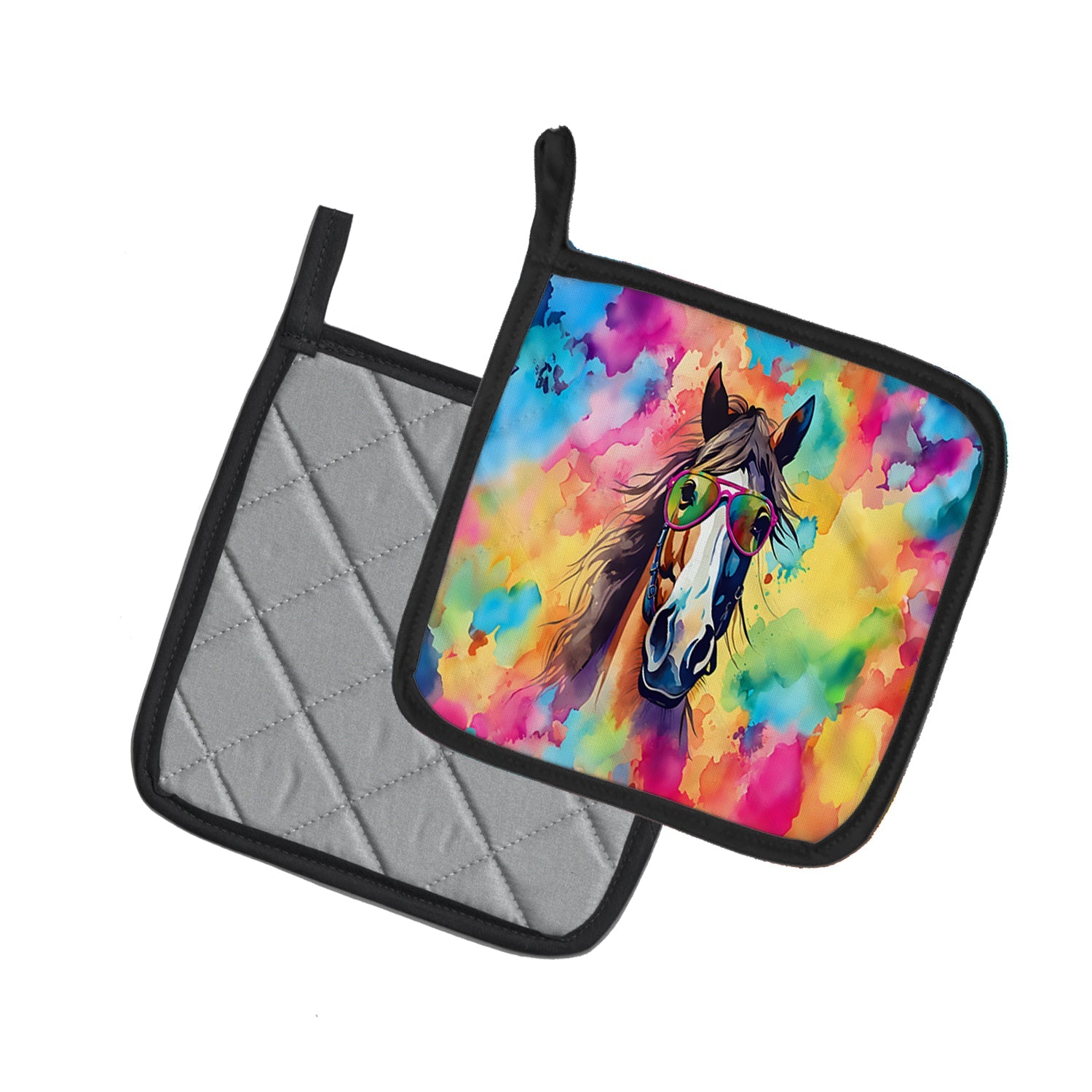 Hippie Animal Horse Pot Holder Set of 2 Heat Resistant Quilted Hot Pads 7.5 x 7.5 Inch, Insulated Kitchen Trivets for Cooking & Baking